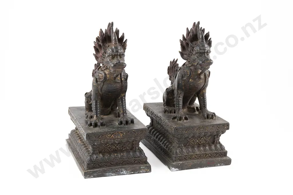 A Rare Pair Of 19th Century Tibetan Buddhist Bronzed Lion Dogs Image 1++