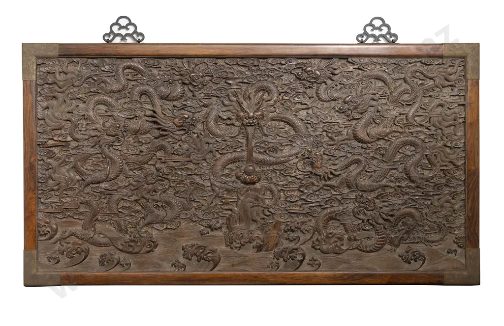 A Large Rare Qing Dynasty Carved Wood Dragon Panel Image 1++