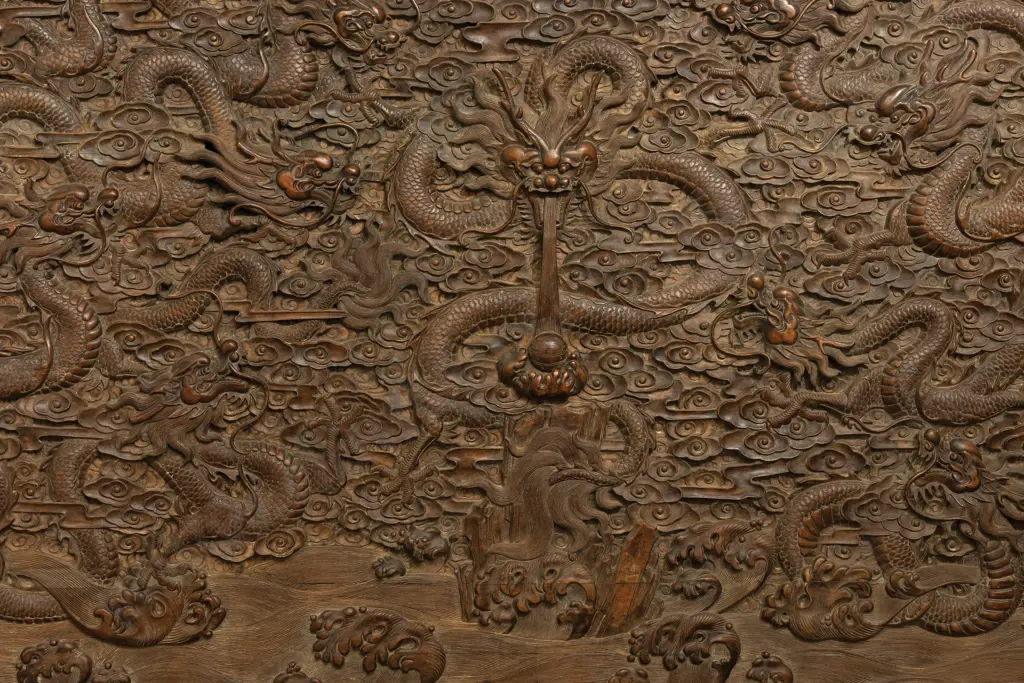 A Large Rare Qing Dynasty Carved Wood Dragon Panel Image 1++