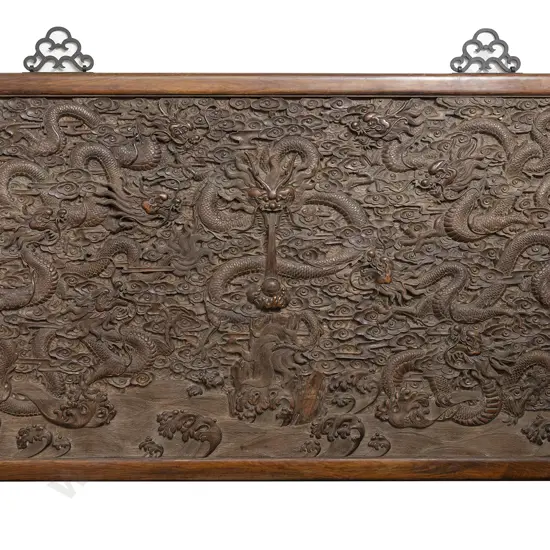 A Large Rare Qing Dynasty Carved Wood Dragon Panel