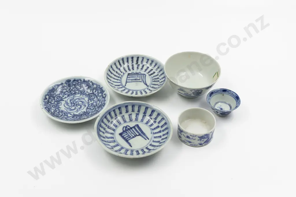 Three Chinese Porcelain Blue And White Dishes Together With A Tea Bowl And Two Small Bowls Image 1++