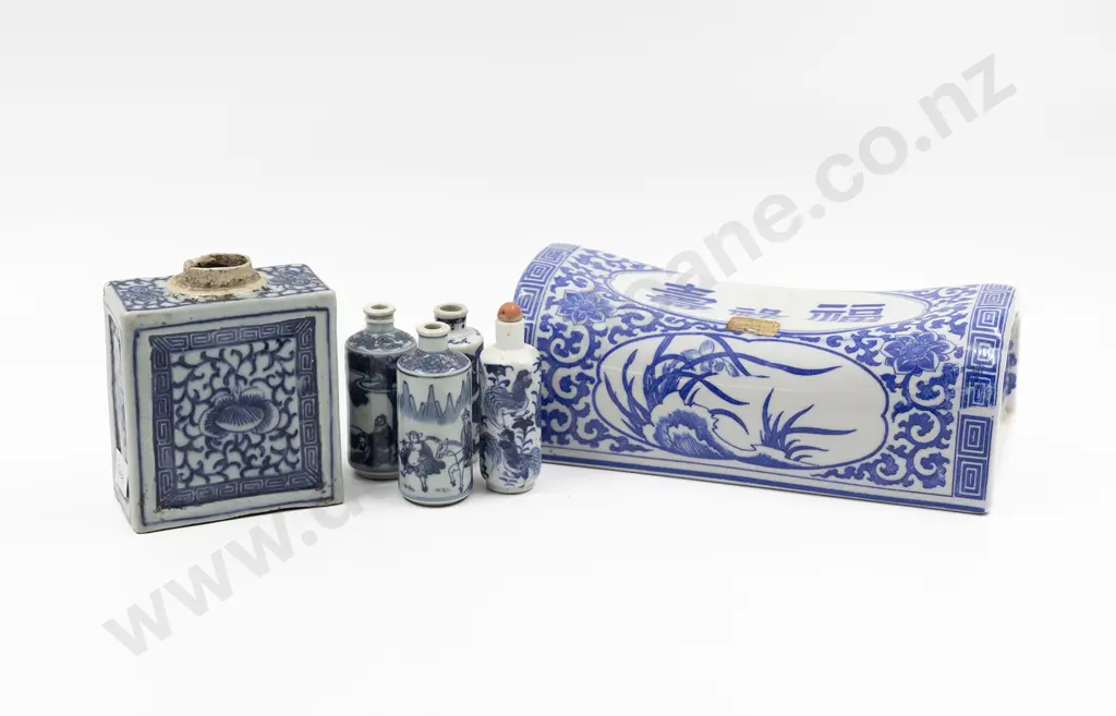 Chinese Blue And White Porcelain Pillow, Tea Caddy And Four Snuff Bottles Image 1++