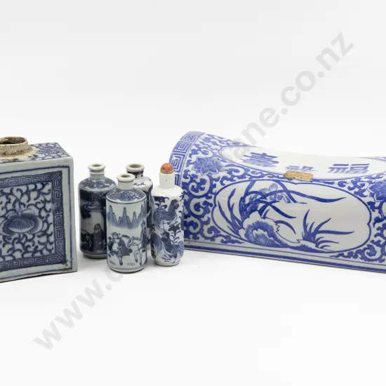 Chinese Blue And White Porcelain Pillow, Tea Caddy And Four Snuff Bottles