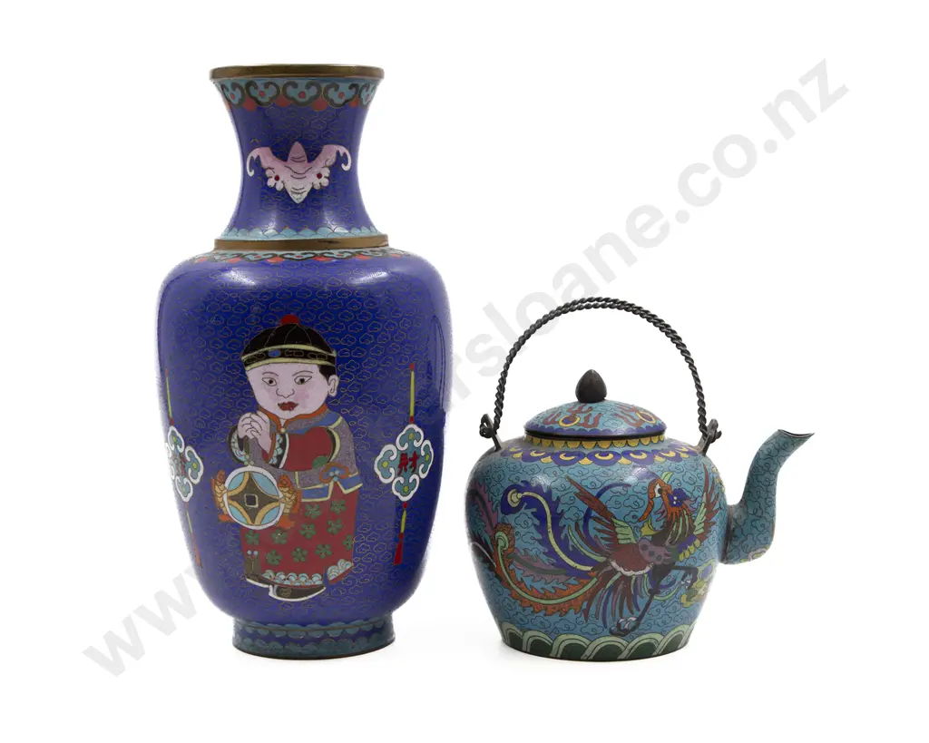 Chinese Cloisonné Tea Pot Together With A Cloisonné Vase Image 1++
