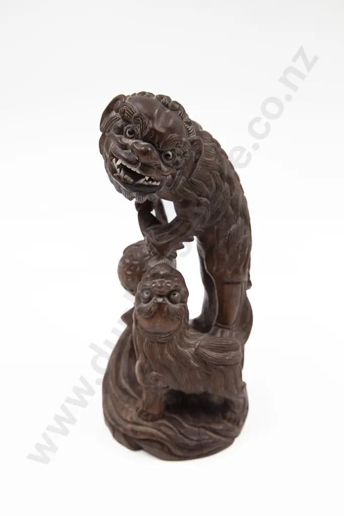 A Chinese Carved Wood Lion Foo Guardian Dog And Cub With a Brocade ball Image 1++