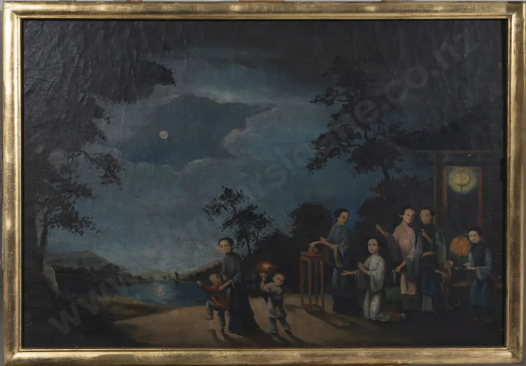 An Early 20th Century Chinese Painting Depicting the August Moon Festival Image 1++
