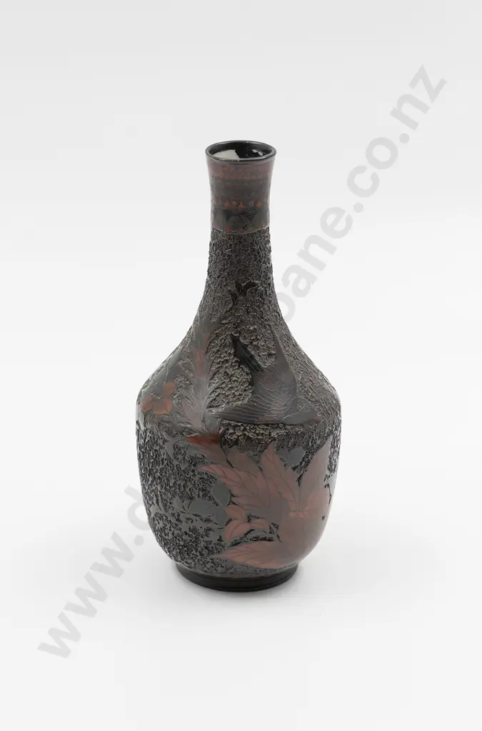 Fine Japanese Meiji Period Cinnabar Lacquer Over Porcelain Vase Image 1++