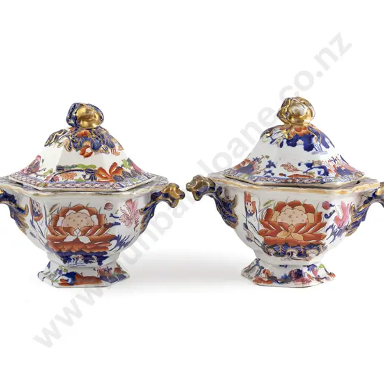 Pair Early C19th Hicks & Meigh Ironstone Sauce Tureens and Covers Water Lily No 5