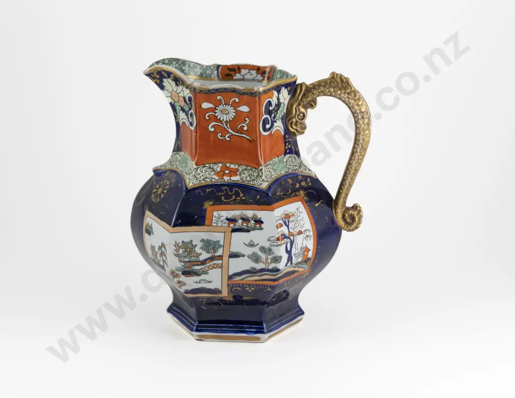 Large Masons Patent Ironstone China Double Landscape Pattern Water Pitcher Image 1++