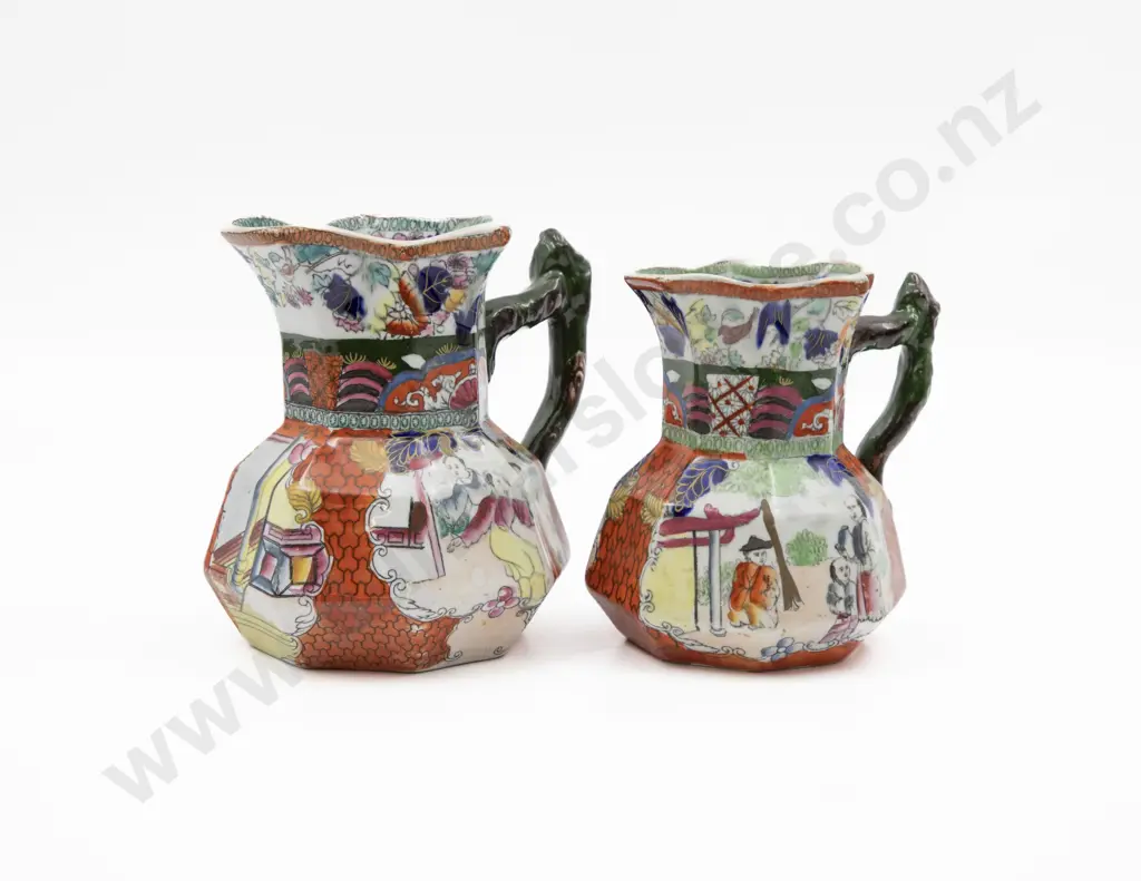 Masons Patent Ironstone Pair Graduated Conversation Pattern Jugs Image 1++