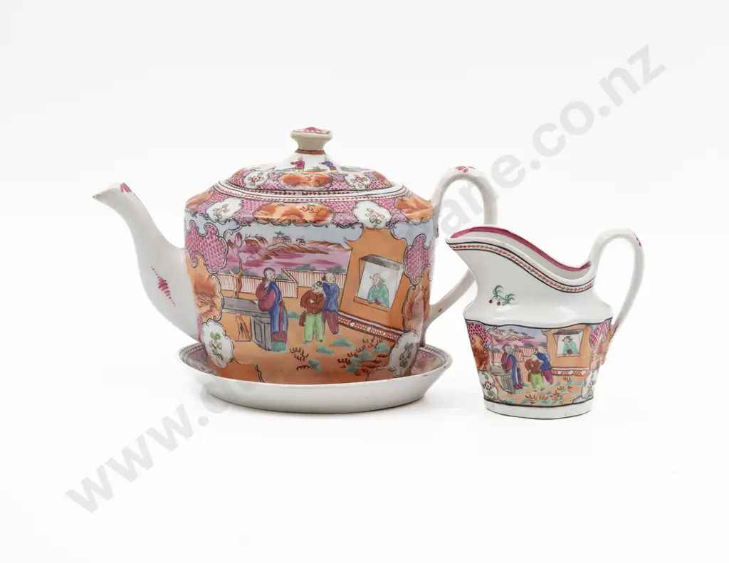 Early C19th English Chinese Famille Rose Teapot on Oval Stand Image 1++