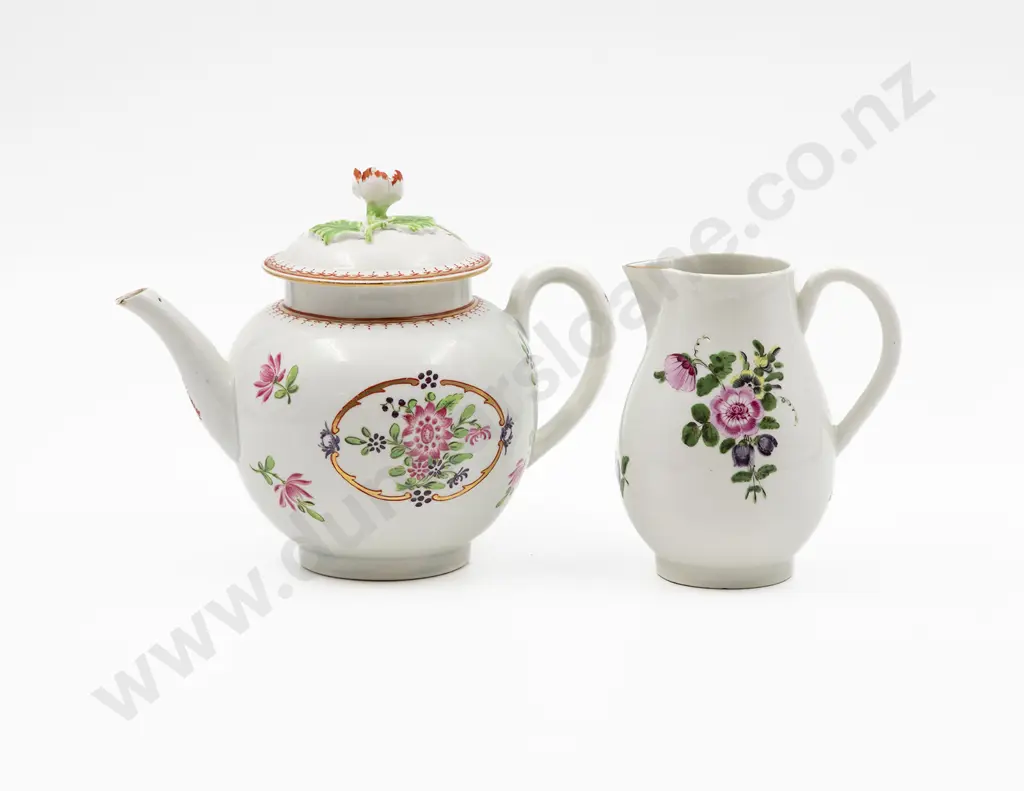 C1770 Probable First Period Worcester Teapot and Sparrow Beak Jug Image 1++