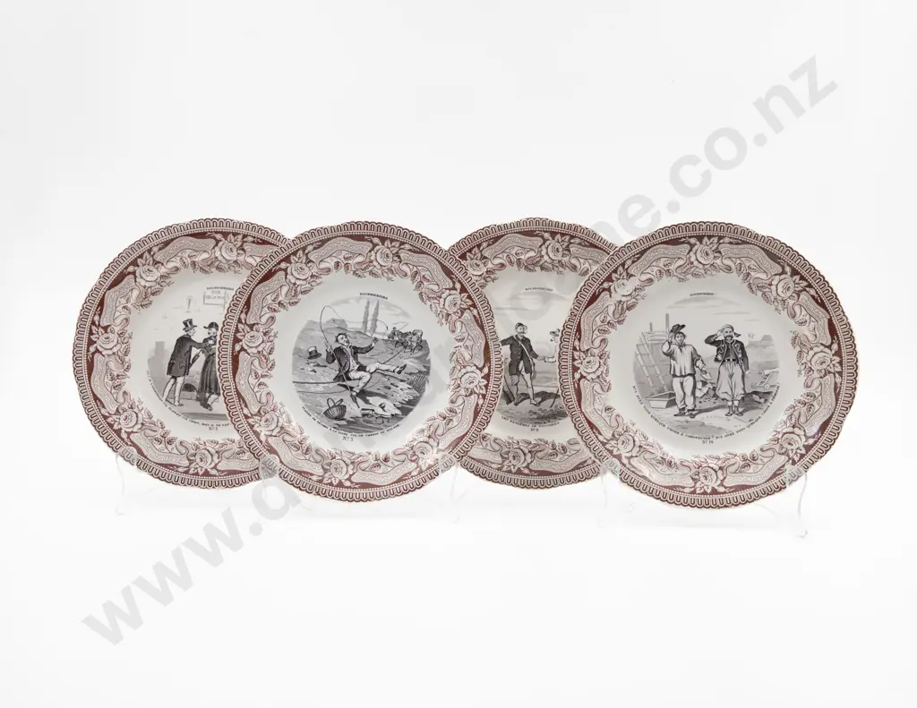 Set Of Four C19th Gien "Boufonneries" Transfer Printed Side Plates Image 1++