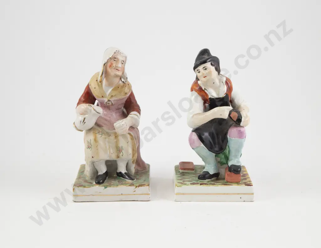 Pair Of Early Staffordshire Seated Figures Of The Cobbler & His Wife Image 1++