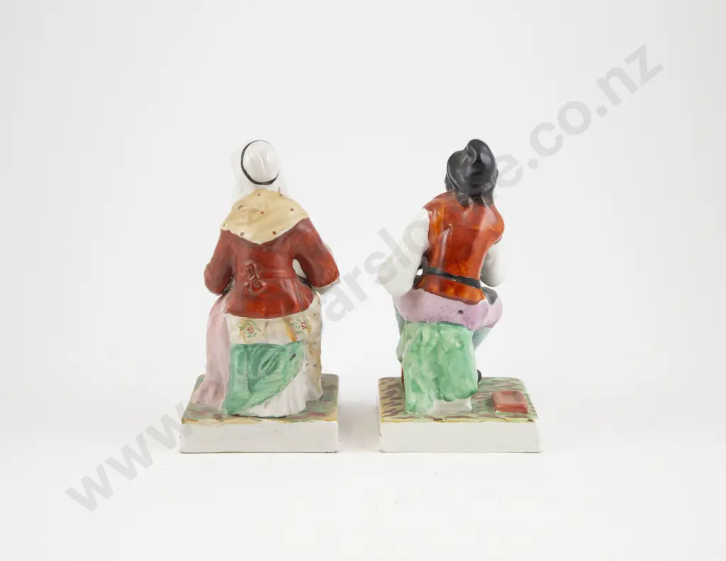 Pair Of Early Staffordshire Seated Figures Of The Cobbler & His Wife Image 1++