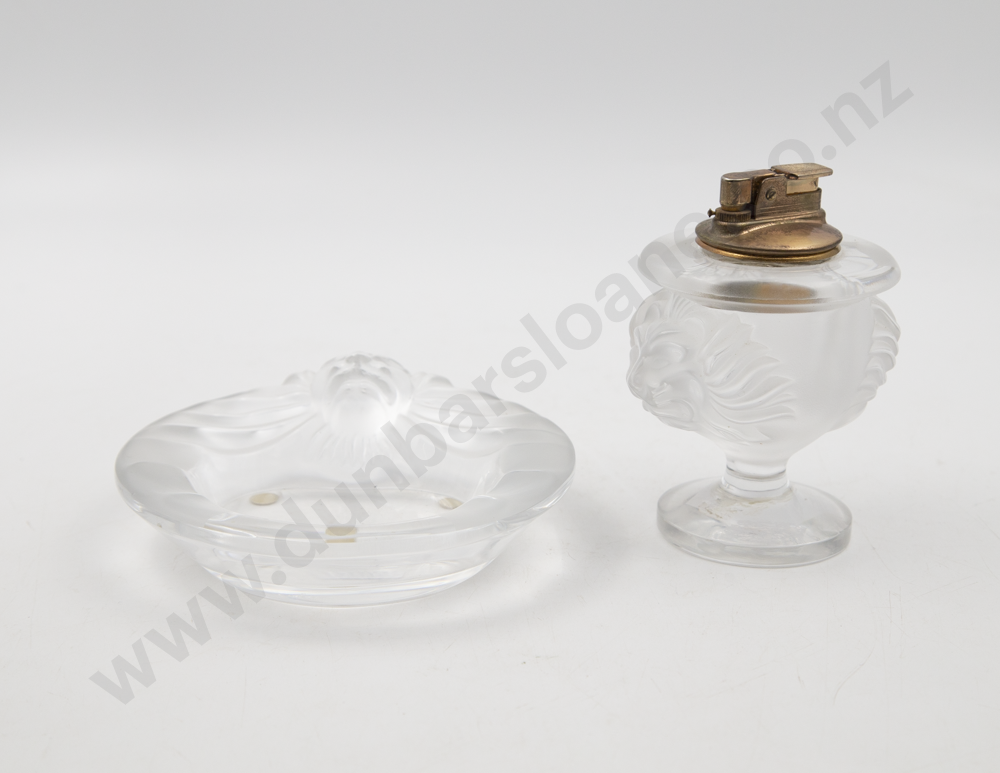 Lalique "Tete De Lion" Table Lighter & Matching Ashtray Image 1++