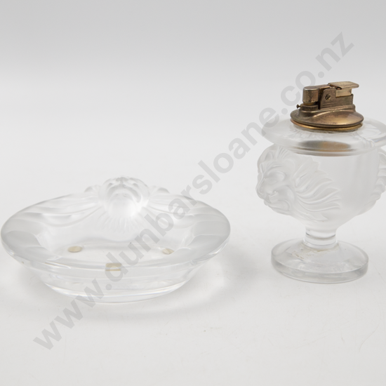 Lalique "Tete De Lion" Table Lighter & Matching Ashtray