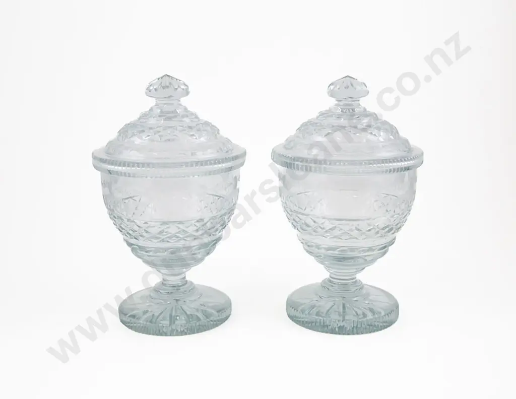 Attractive Pair Of Possibly Irish C19th Glass Sweetmeat Jars & Covers Image 1++