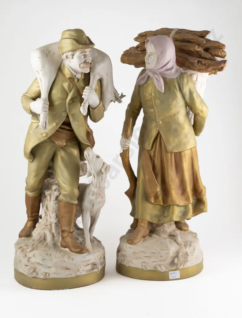 Large & Impressive Pair Of Royal Dux Figures Huntsman With Deer & Faggot Gatherer Image 1++