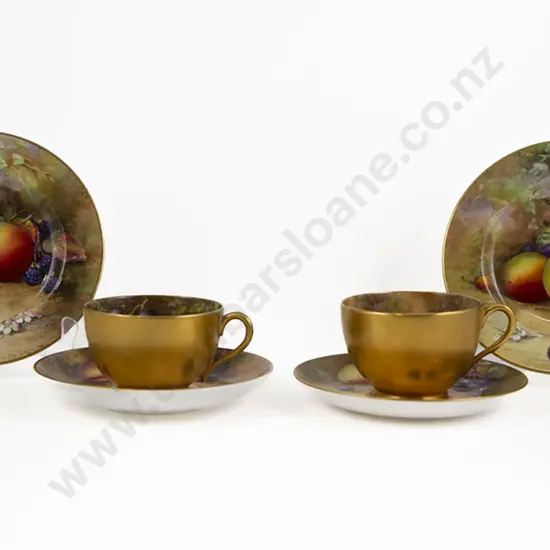 Pair Of Royal Worcester Hand Painted Trios