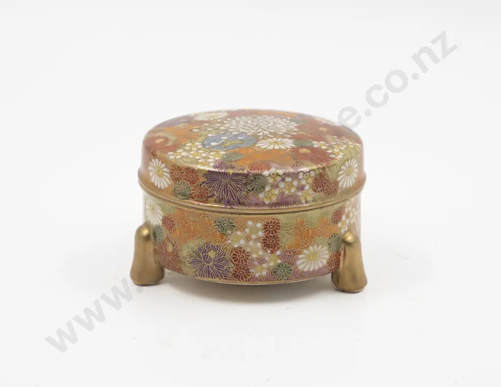 Japanese Meiji Period Kyo-Satsuma Circular Lidded Jar & Cover Image 1++