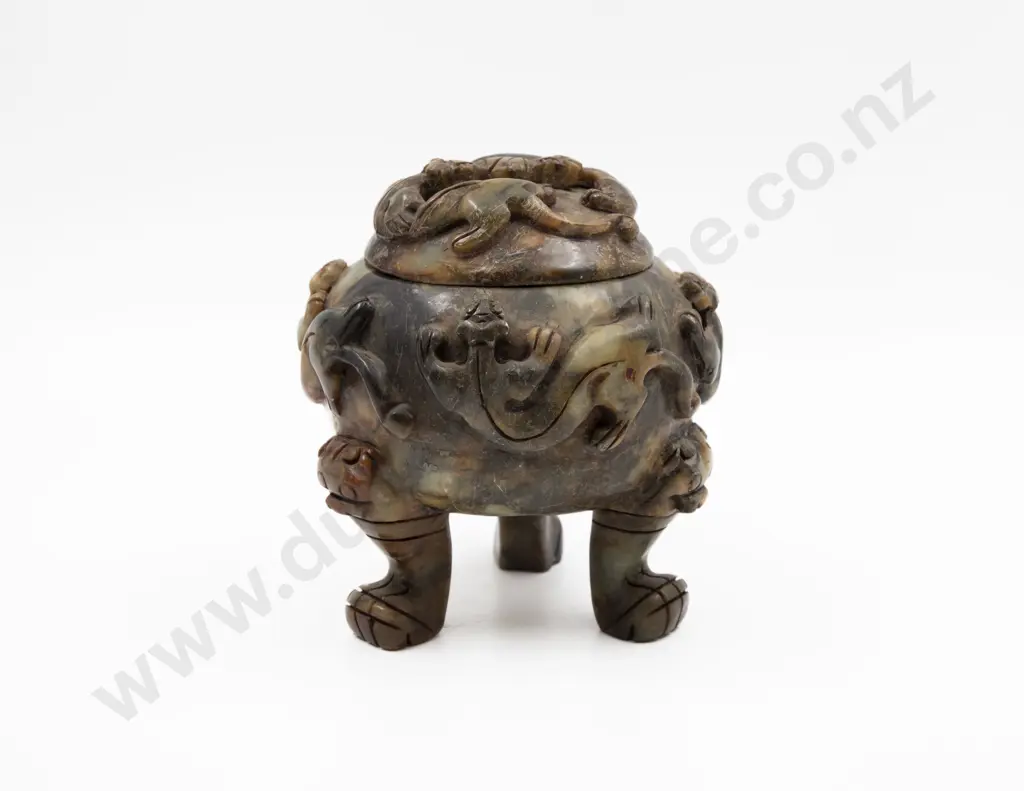 Mottled Soapstone Carved Censor & Cover Image 1++