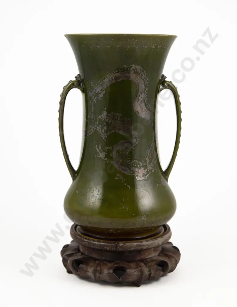 Meiji Period Japanese Izumo Jakazan Green Glazed Two Handled Vase & Stand Image 1++
