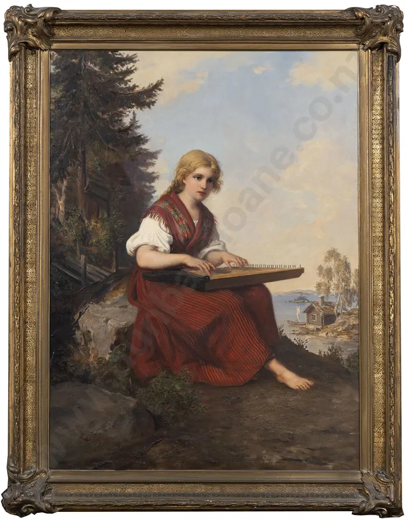 Bernhard Reinhold (German 1824 - 1892) - Young Girl Playing Zither Image 1++