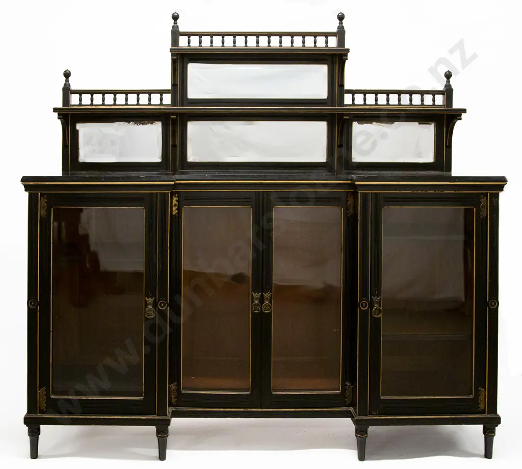 Vict Aesthetic Revival Ebonised & Gilded Inverted Breakfront Mirror Backed Side Cabinet Image 1++