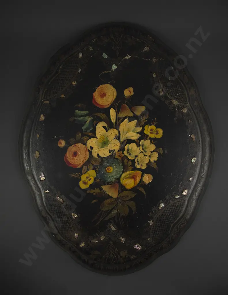 Victorian Floral Painted & MOP Inlaid Papier Mache Table Top Image 1++
