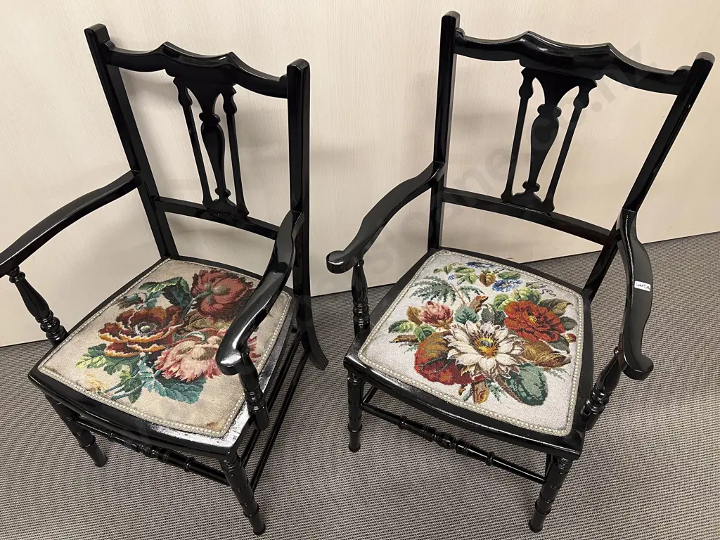 Pair Edwardian Lacquered Chairs With Original Beadwork Seats Image 1++