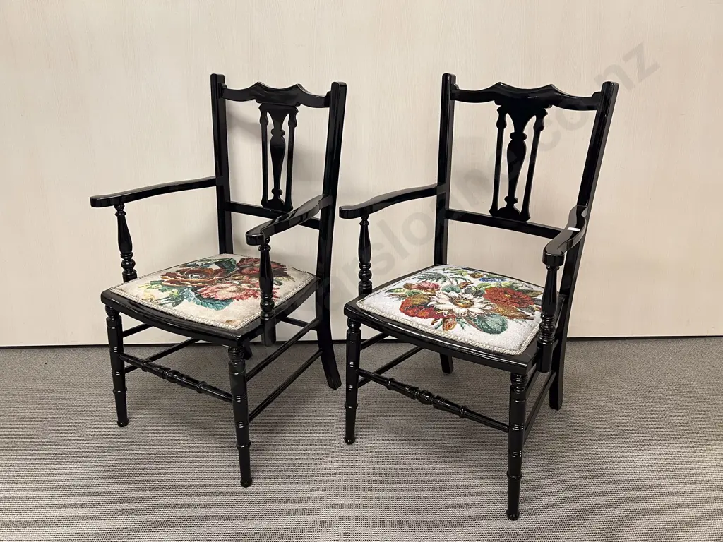 Pair Edwardian Lacquered Chairs With Original Beadwork Seats Image 1++