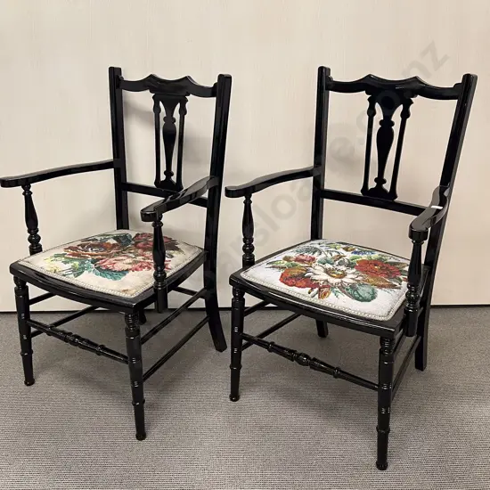 Pair Edwardian Lacquered Chairs With Original Beadwork Seats