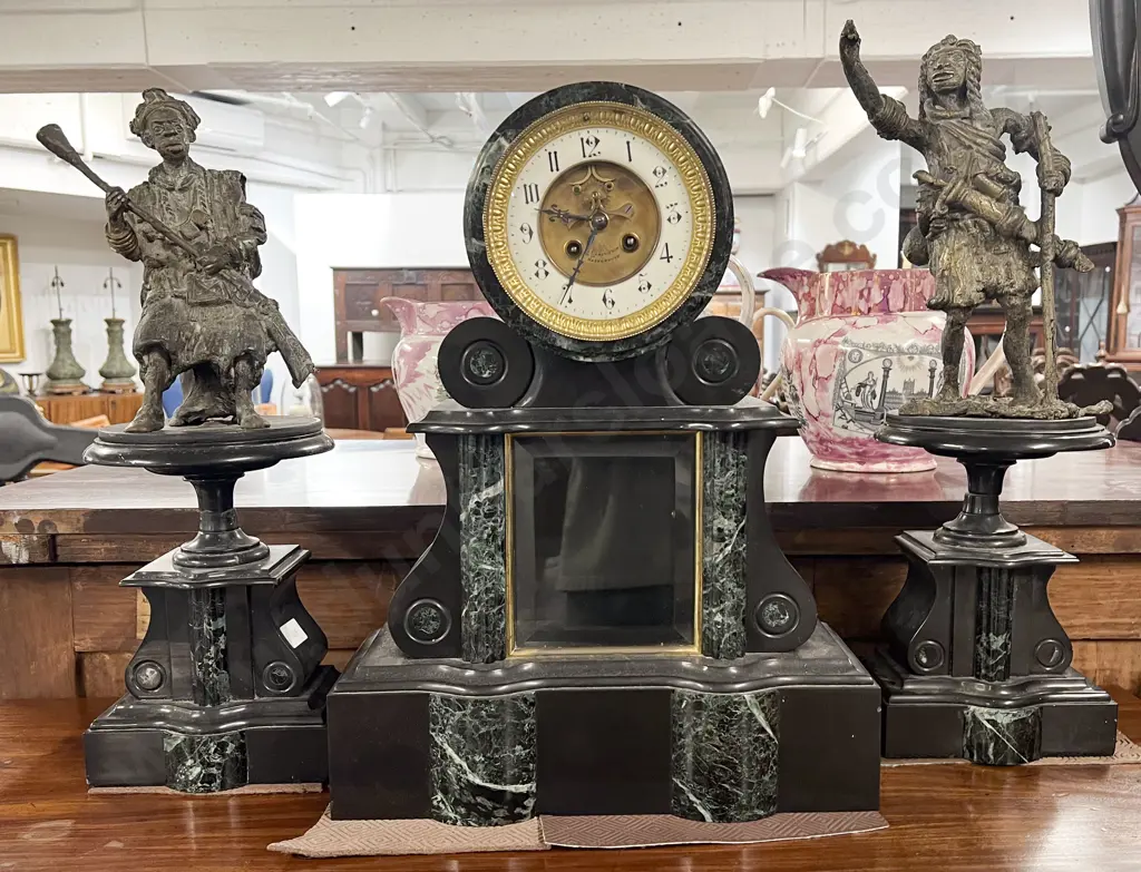Vict Black Slate & Green Marble Clock Garniture Image 1++