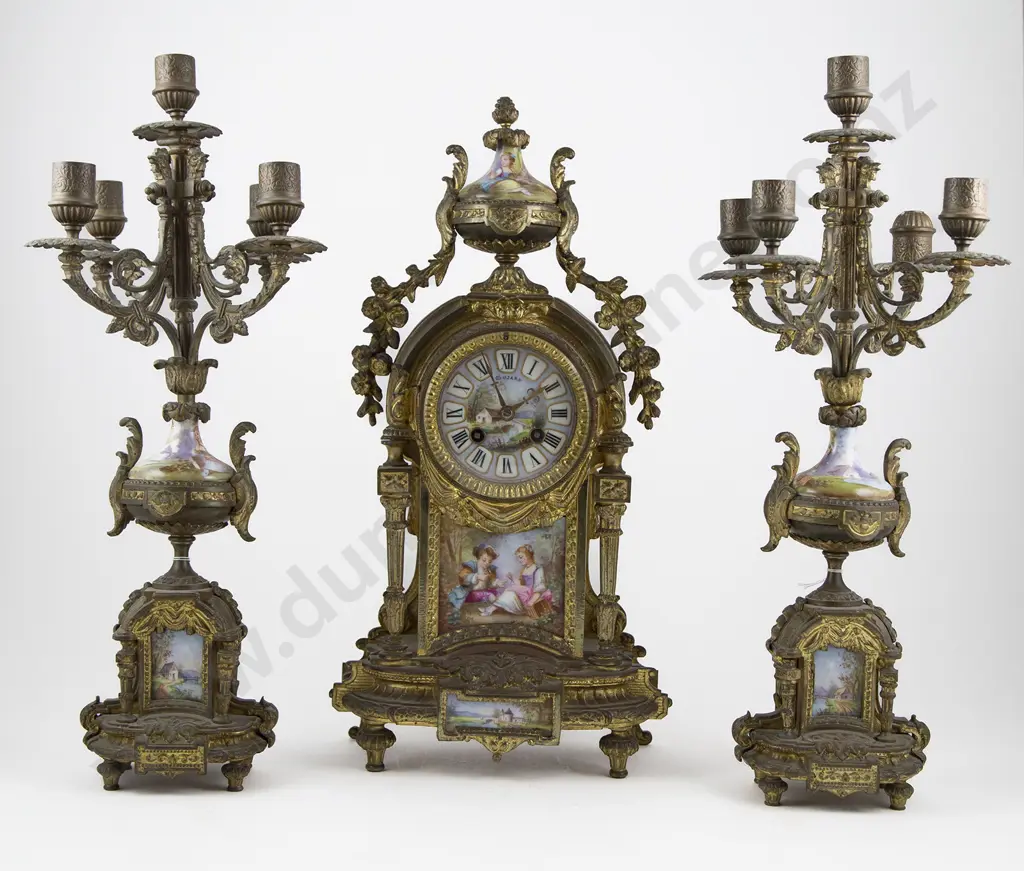 C19th French Cast Brass & Painted Porcelain 3 Piece Clock Garniture Image 1++