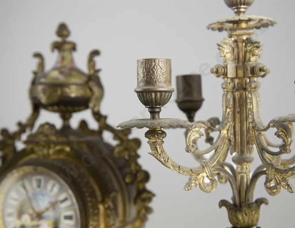C19th French Cast Brass & Painted Porcelain 3 Piece Clock Garniture Image 1++