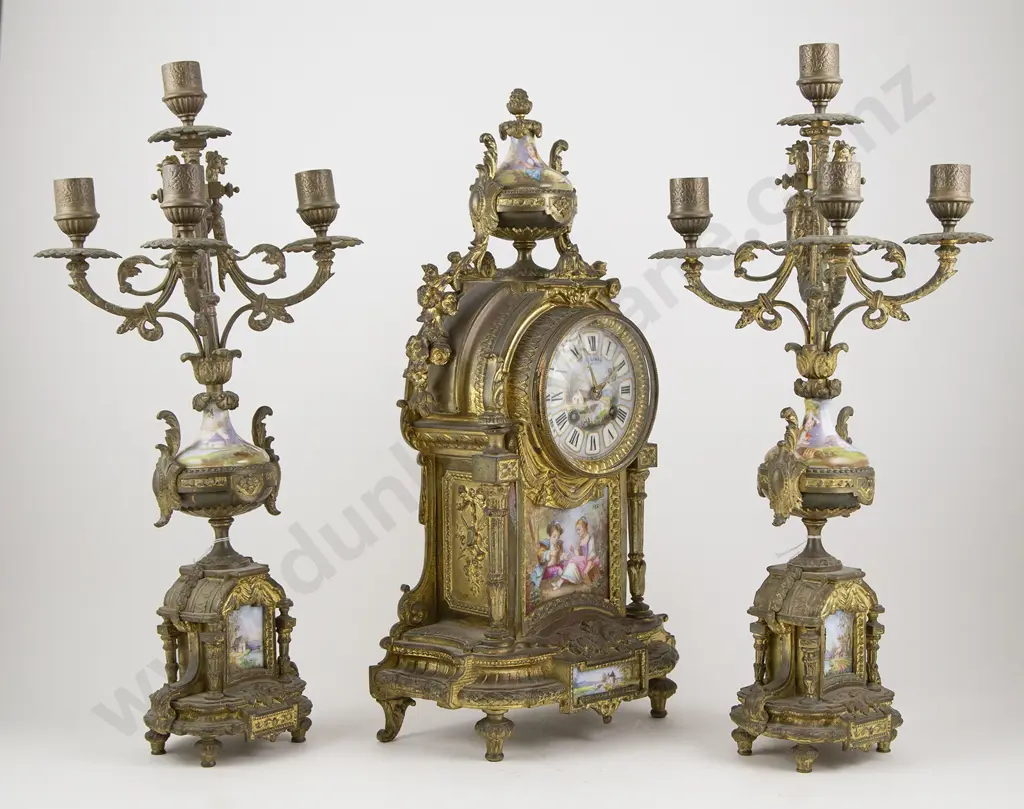 C19th French Cast Brass & Painted Porcelain 3 Piece Clock Garniture Image 1++