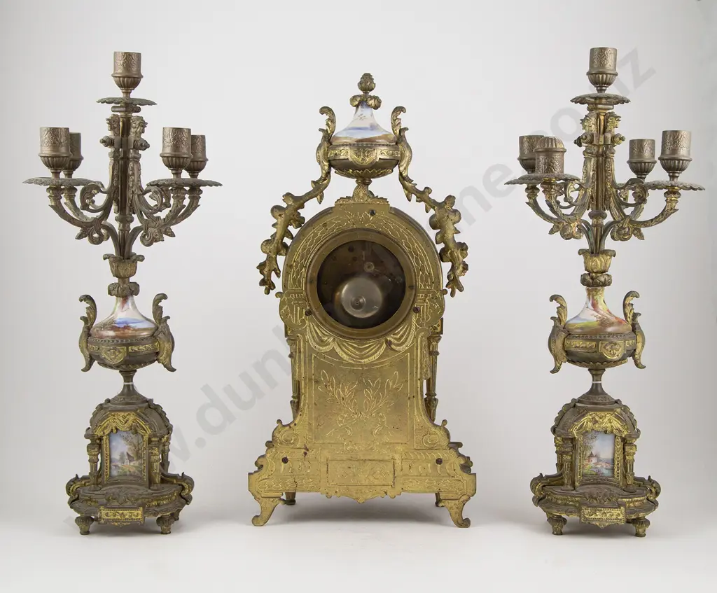 C19th French Cast Brass & Painted Porcelain 3 Piece Clock Garniture Image 1++