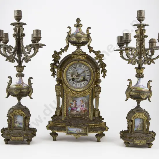 C19th French Cast Brass & Painted Porcelain 3 Piece Clock Garniture