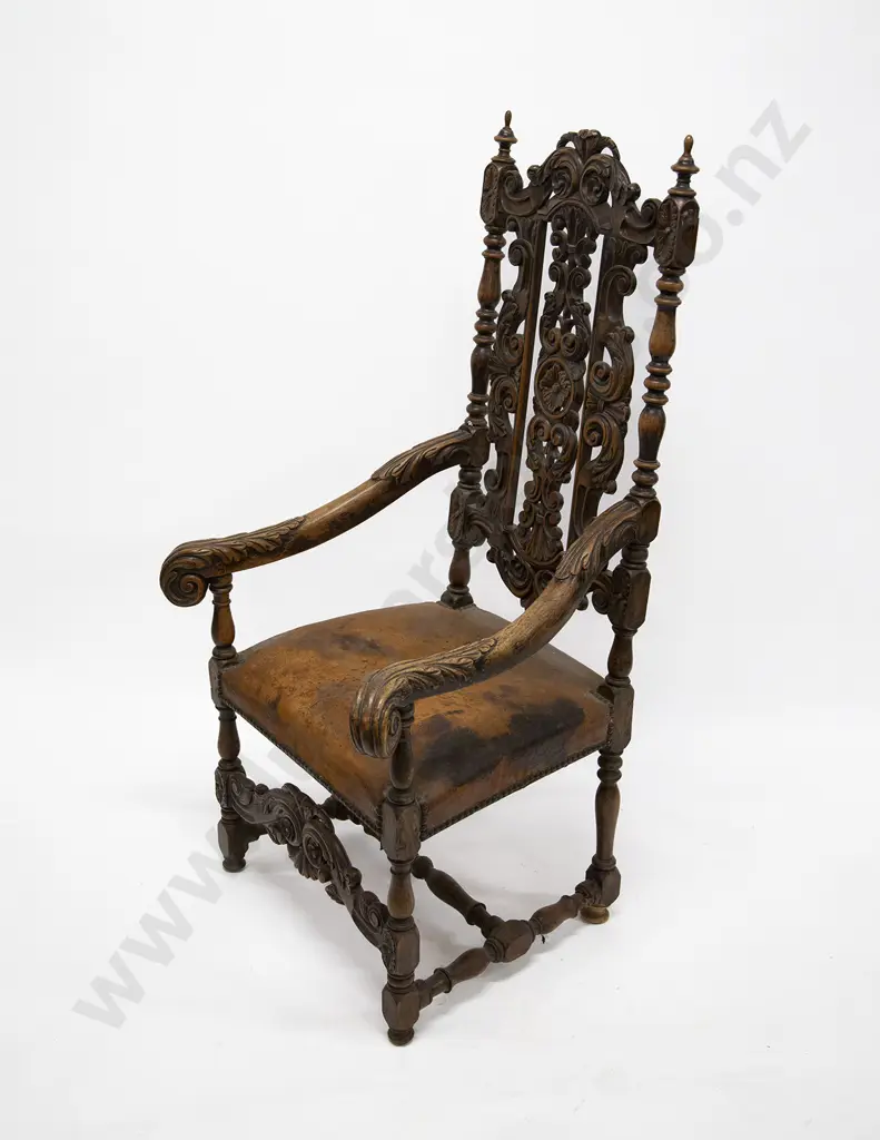 Set of Eight Jacobean Style Walnut Dining Chairs in the manner of Daniel Marot The Elder ( Paris 1661-1752)with urn finials to the top Image 1++