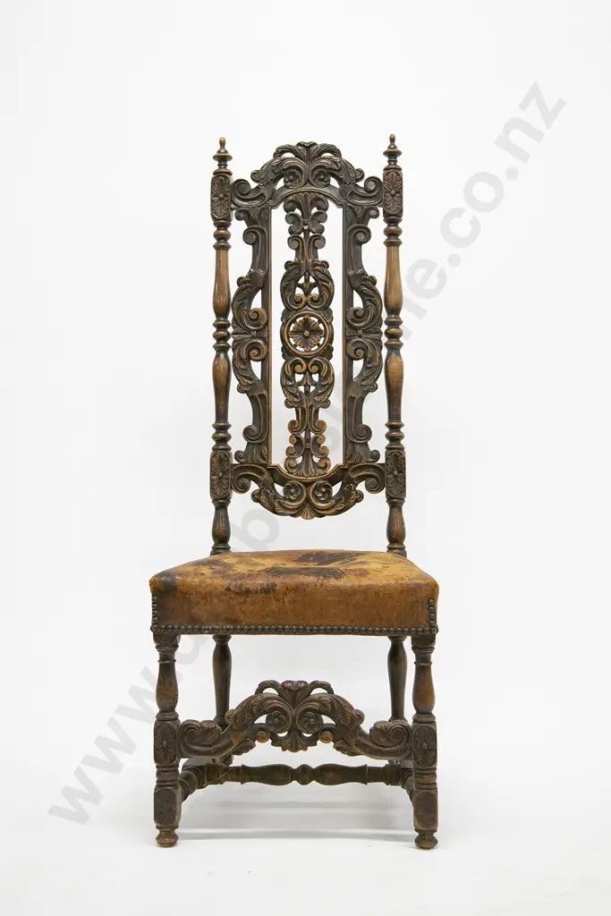 Set of Eight Jacobean Style Walnut Dining Chairs in the manner of Daniel Marot The Elder ( Paris 1661-1752)with urn finials to the top Image 1++
