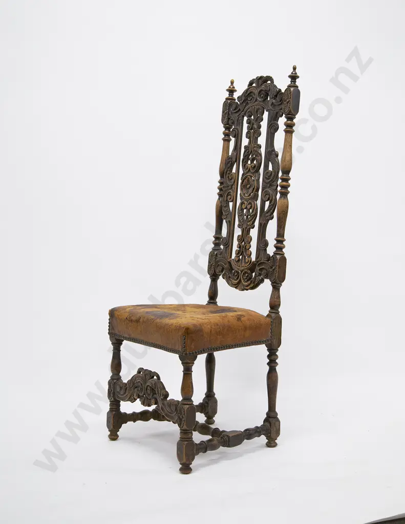 Set of Eight Jacobean Style Walnut Dining Chairs in the manner of Daniel Marot The Elder ( Paris 1661-1752)with urn finials to the top Image 1++