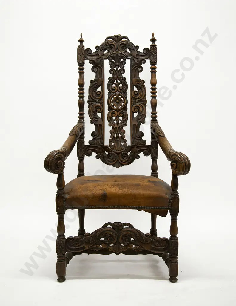 Set of Eight Jacobean Style Walnut Dining Chairs in the manner of Daniel Marot The Elder ( Paris 1661-1752)with urn finials to the top Image 1++