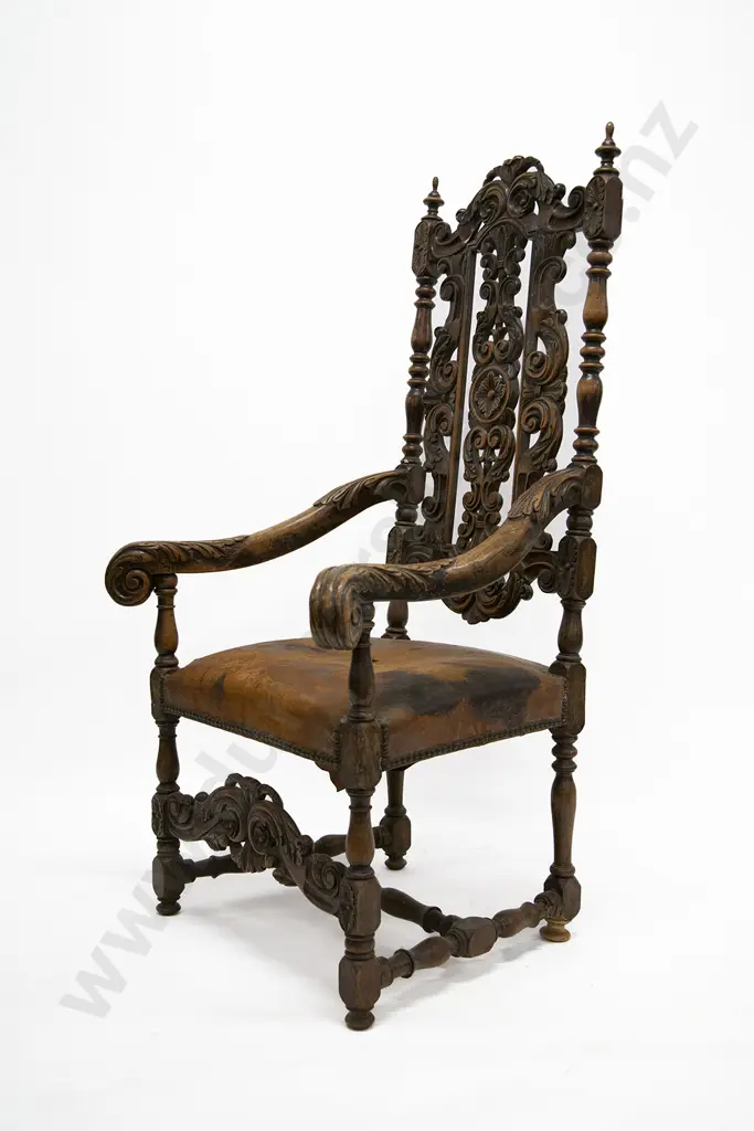 Set of Eight Jacobean Style Walnut Dining Chairs in the manner of Daniel Marot The Elder ( Paris 1661-1752)with urn finials to the top Image 1++