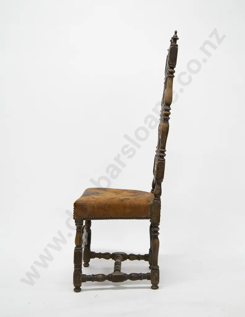 Set of Eight Jacobean Style Walnut Dining Chairs in the manner of Daniel Marot The Elder ( Paris 1661-1752)with urn finials to the top Image 1++