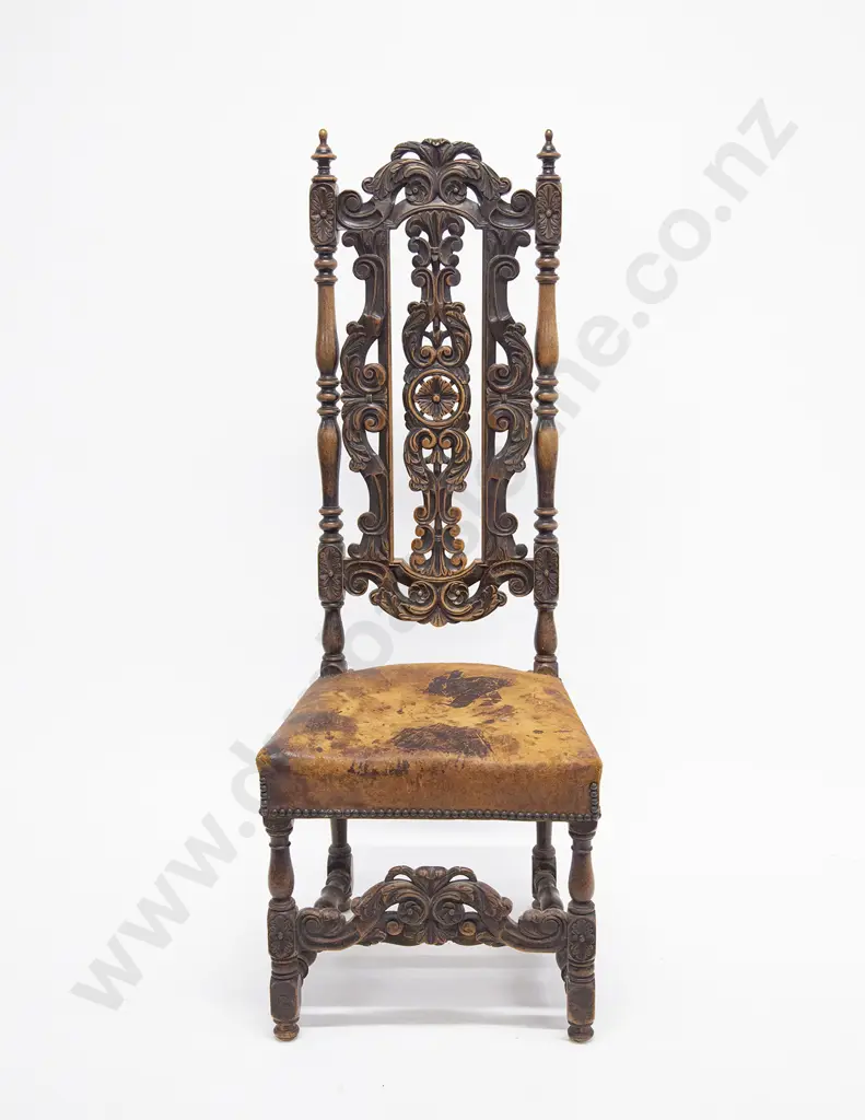 Set of Eight Jacobean Style Walnut Dining Chairs in the manner of Daniel Marot The Elder ( Paris 1661-1752)with urn finials to the top Image 1++