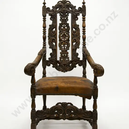 Set of Eight Jacobean Style Walnut Dining Chairs in the manner of Daniel Marot The Elder ( Paris 1661-1752)with urn finials to the top