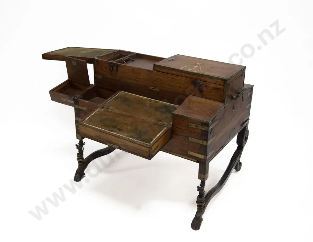 C19th Teak & Brass Bound Campaign Style Travelling Scholars Desk Image 1++