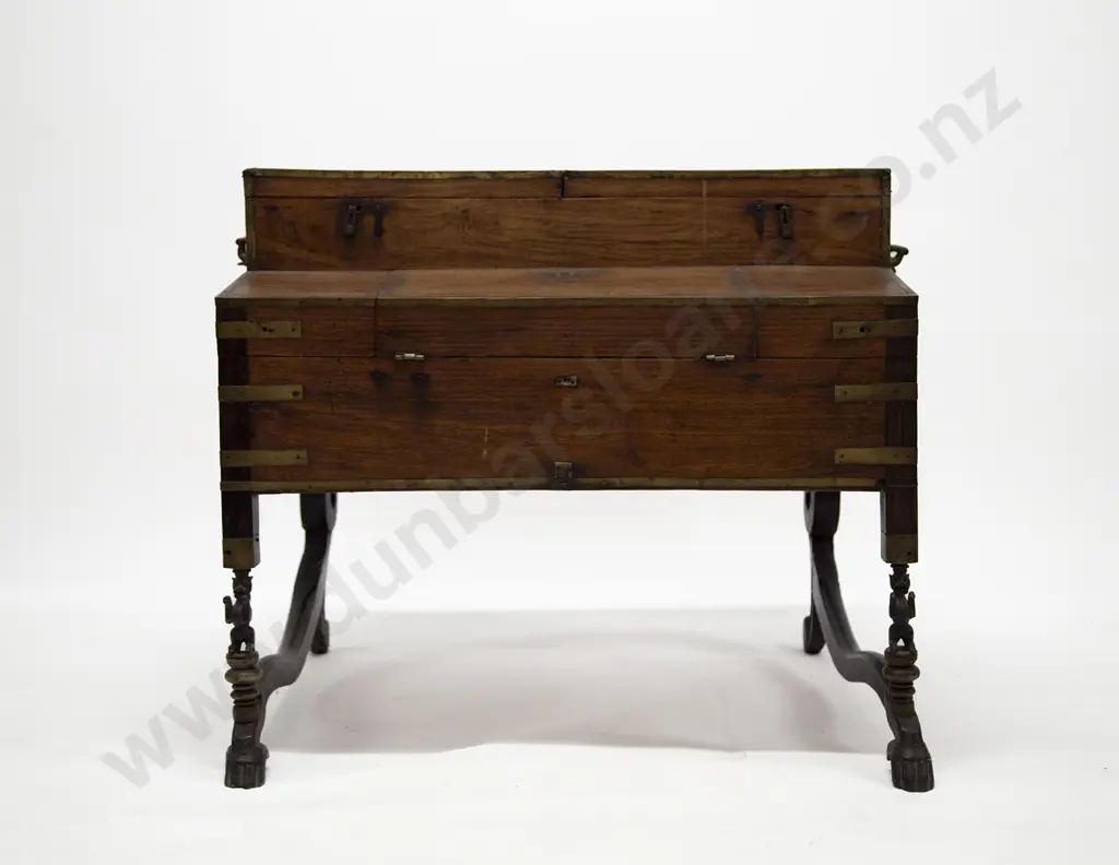 C19th Teak & Brass Bound Campaign Style Travelling Scholars Desk Image 1++