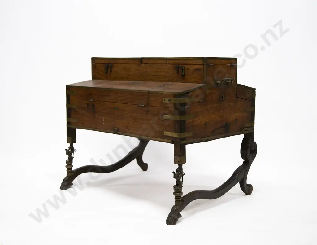 C19th Teak & Brass Bound Campaign Style Travelling Scholars Desk Image 1++